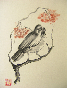 Sparrow on rowan - original